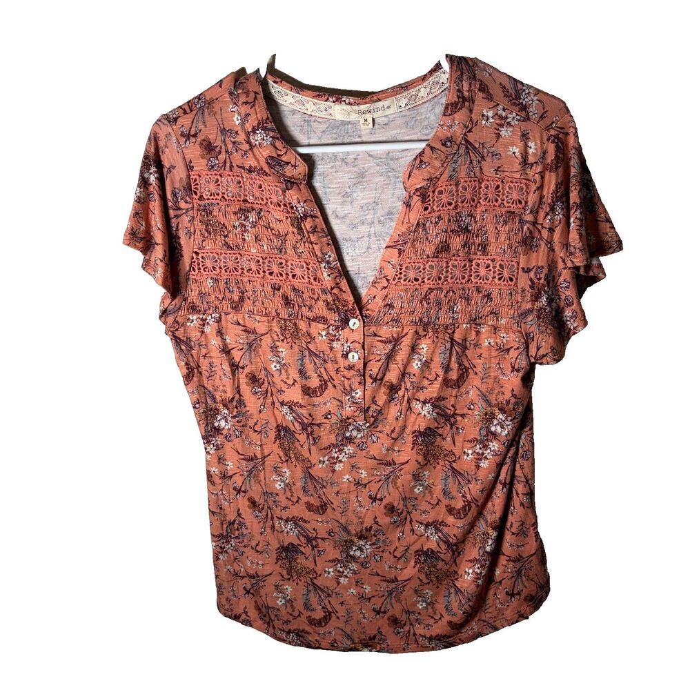 Rewind Blouse Women's Medium Popover Ruffle Printed Floral Casual Boho Shirt